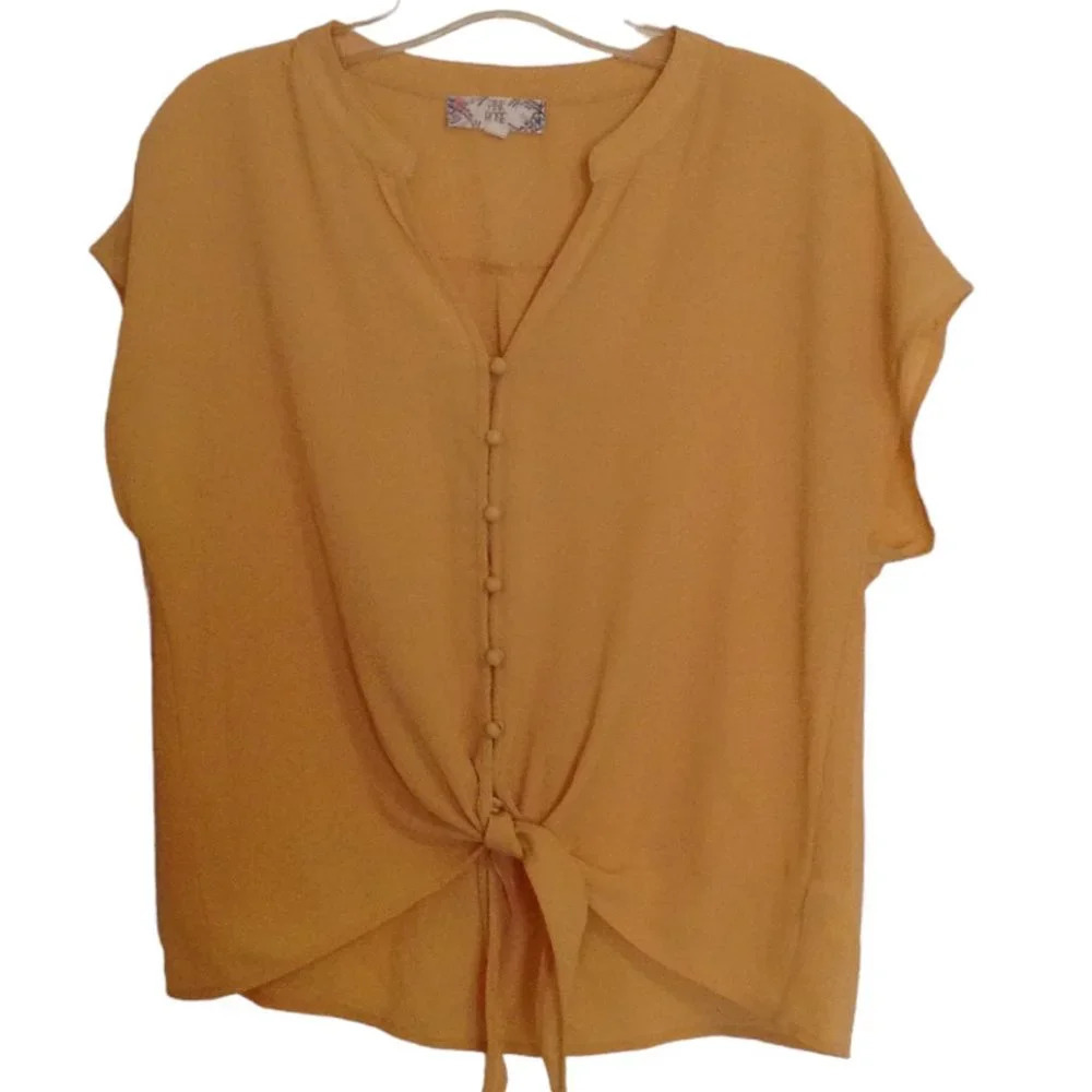 Pink Rose Women's Front Tie Knot Blouse Top Button Down Mustard Yellow